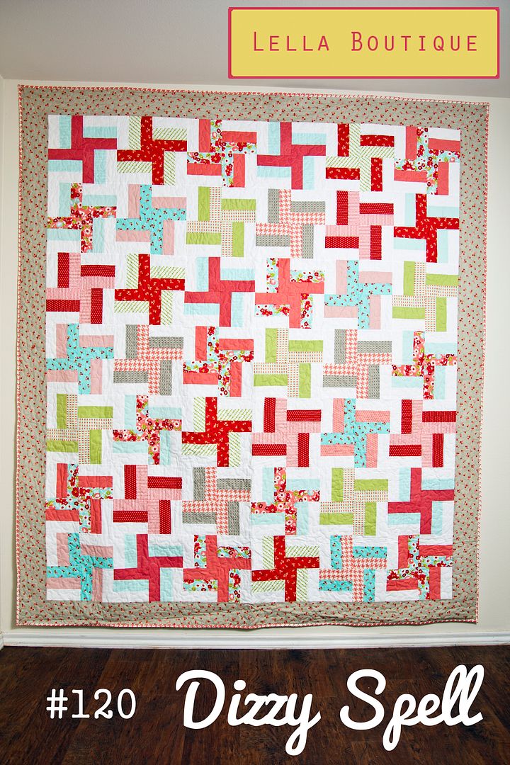 Lella Boutique's Dizzy Spell pattern. Fabrics are (mainly) Ruby by Bonnie & Camille for Moda. This is a great beginner pattern and uses jelly rolls, layers cakes, or fat quarters.