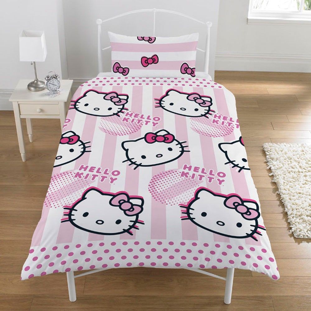 HELLO KITTY DUVET COVER AND PILLOW CASE SET 'CANDY STRIPE' KIDS CARTOON