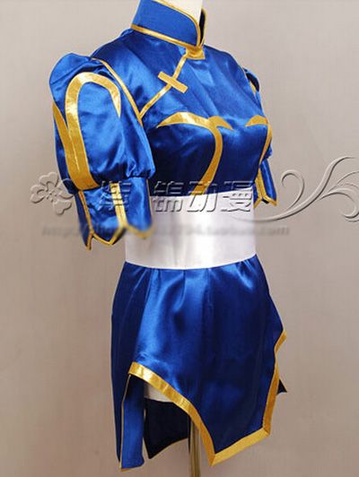 Street Fighter CHUN LI Cosplay Costume Deep Blue Kimono Cheongsam Full Set