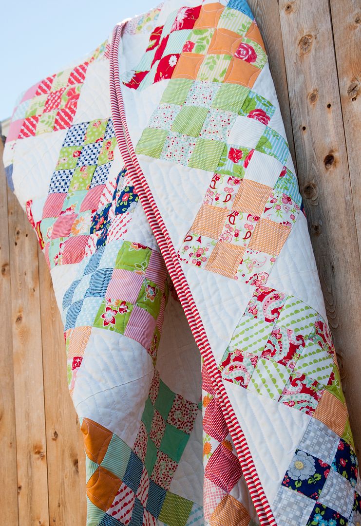 Niner jelly roll quilt pattern by Camille Roskelley of Thimble Blossoms. Fabric is Happy Go Lucky by Bonnie & Camille for Moda Fabrics.