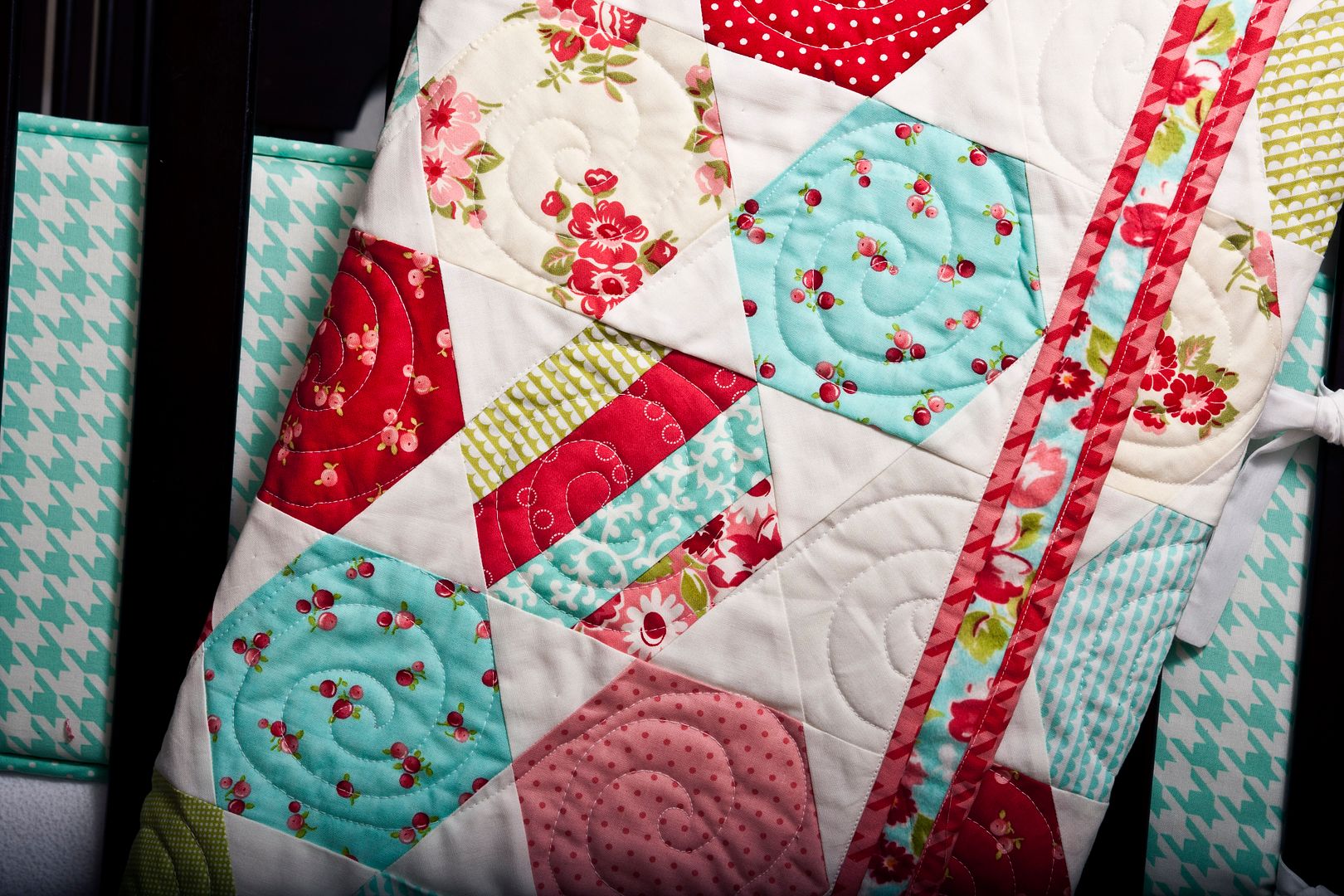 Juggle hexagon quilt PDF pattern by Thimble Blossoms. Makes a sweet baby quilt in these (primarily) Ruby fabric by Bonnie & Camille for Moda Fabrics.